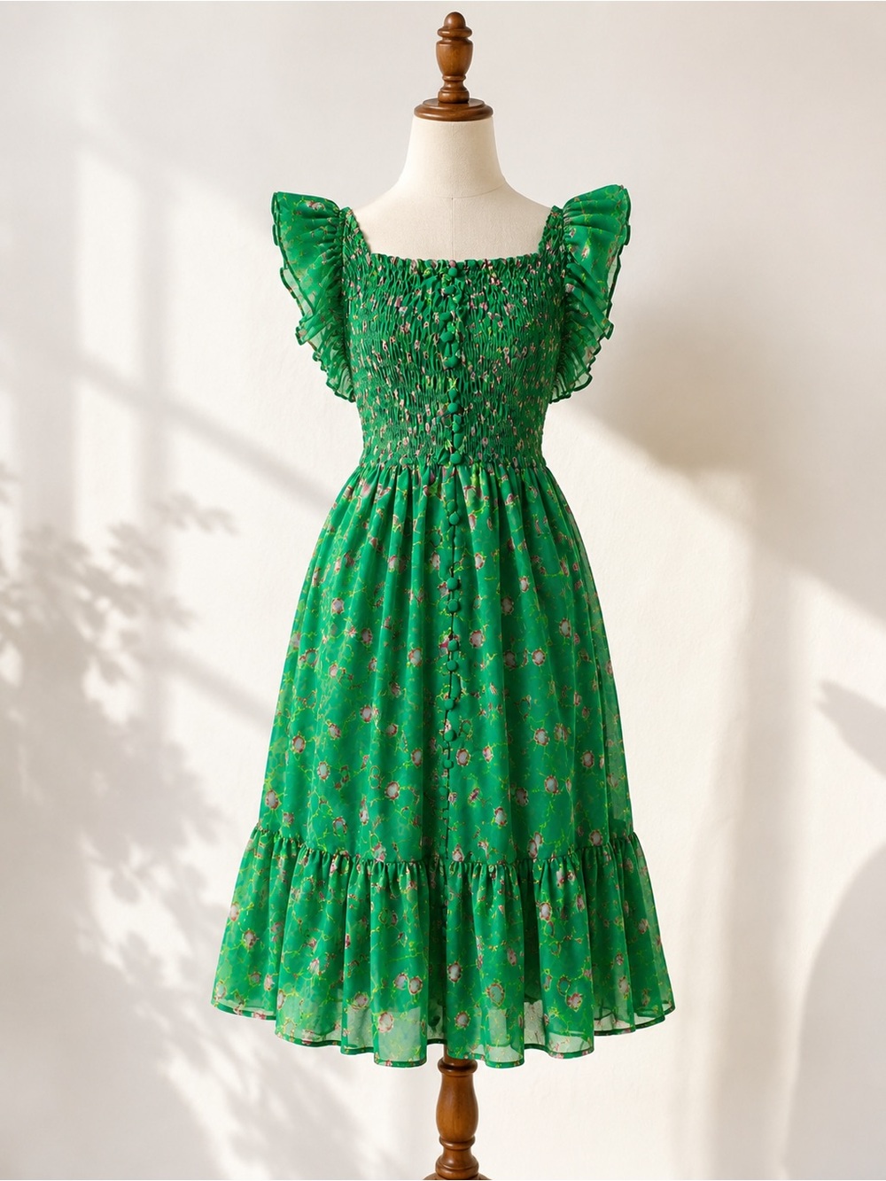 entro Green Floral Smocked Midi Dress with Flutter Sleeves